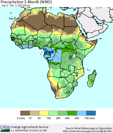 Africa Precipitation 3-Month (WMO) Thematic Map For 9/6/2022 - 12/5/2022