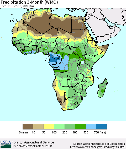 Africa Precipitation 3-Month (WMO) Thematic Map For 9/11/2022 - 12/10/2022