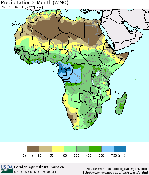 Africa Precipitation 3-Month (WMO) Thematic Map For 9/16/2022 - 12/15/2022