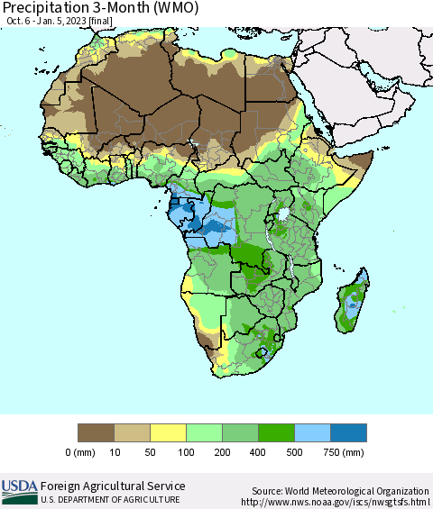 Africa Precipitation 3-Month (WMO) Thematic Map For 10/6/2022 - 1/5/2023