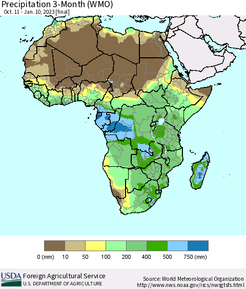Africa Precipitation 3-Month (WMO) Thematic Map For 10/11/2022 - 1/10/2023
