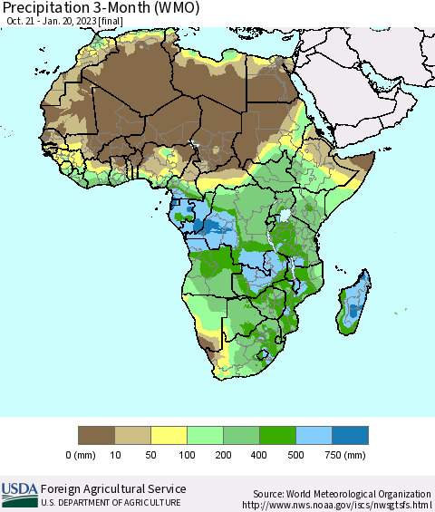 Africa Precipitation 3-Month (WMO) Thematic Map For 10/21/2022 - 1/20/2023