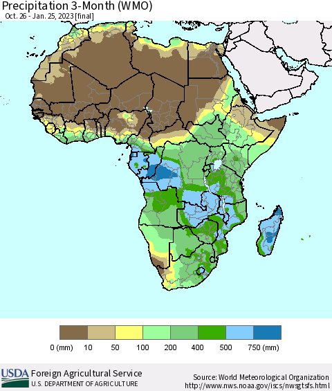 Africa Precipitation 3-Month (WMO) Thematic Map For 10/26/2022 - 1/25/2023