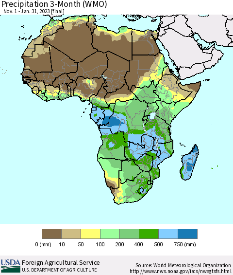 Africa Precipitation 3-Month (WMO) Thematic Map For 11/1/2022 - 1/31/2023