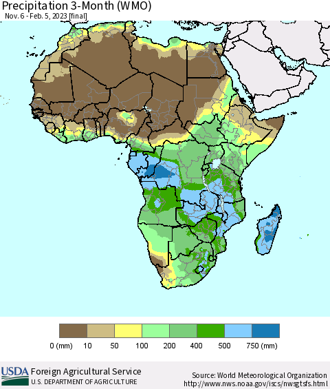 Africa Precipitation 3-Month (WMO) Thematic Map For 11/6/2022 - 2/5/2023