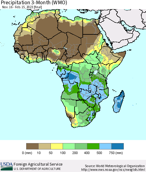 Africa Precipitation 3-Month (WMO) Thematic Map For 11/16/2022 - 2/15/2023