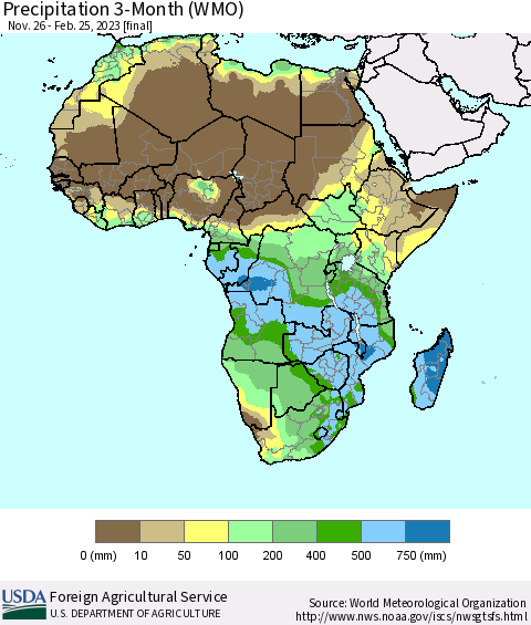 Africa Precipitation 3-Month (WMO) Thematic Map For 11/26/2022 - 2/25/2023