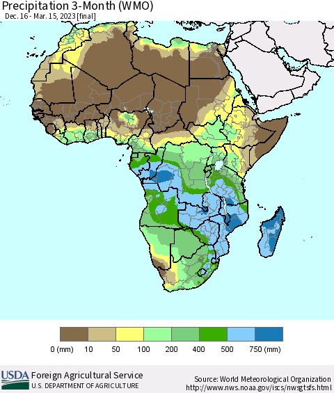 Africa Precipitation 3-Month (WMO) Thematic Map For 12/16/2022 - 3/15/2023