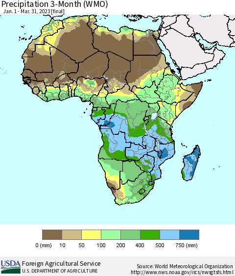 Africa Precipitation 3-Month (WMO) Thematic Map For 1/1/2023 - 3/31/2023