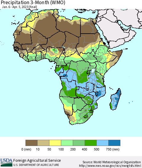 Africa Precipitation 3-Month (WMO) Thematic Map For 1/6/2023 - 4/5/2023