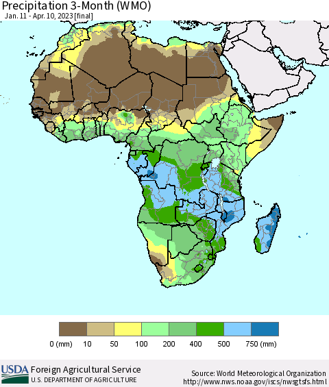 Africa Precipitation 3-Month (WMO) Thematic Map For 1/11/2023 - 4/10/2023
