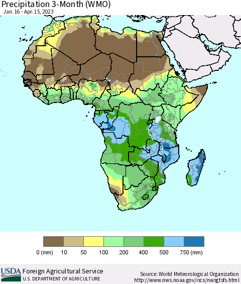 Africa Precipitation 3-Month (WMO) Thematic Map For 1/16/2023 - 4/15/2023