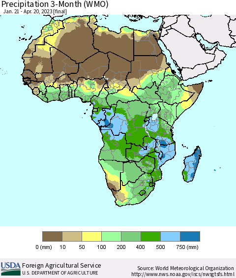 Africa Precipitation 3-Month (WMO) Thematic Map For 1/21/2023 - 4/20/2023