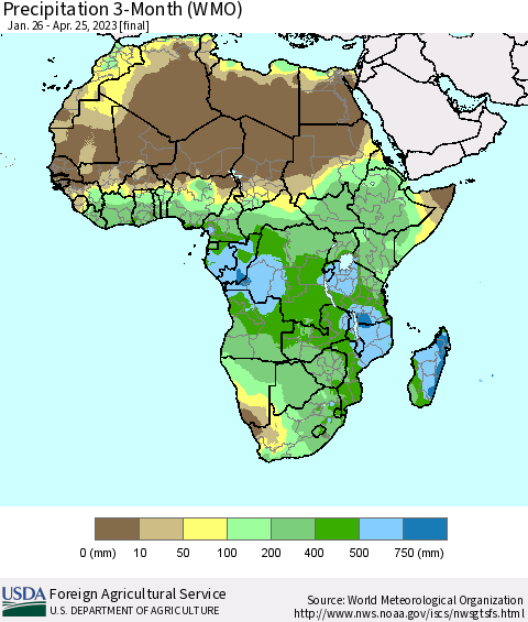 Africa Precipitation 3-Month (WMO) Thematic Map For 1/26/2023 - 4/25/2023