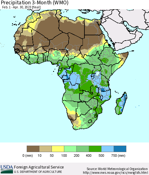 Africa Precipitation 3-Month (WMO) Thematic Map For 2/1/2023 - 4/30/2023