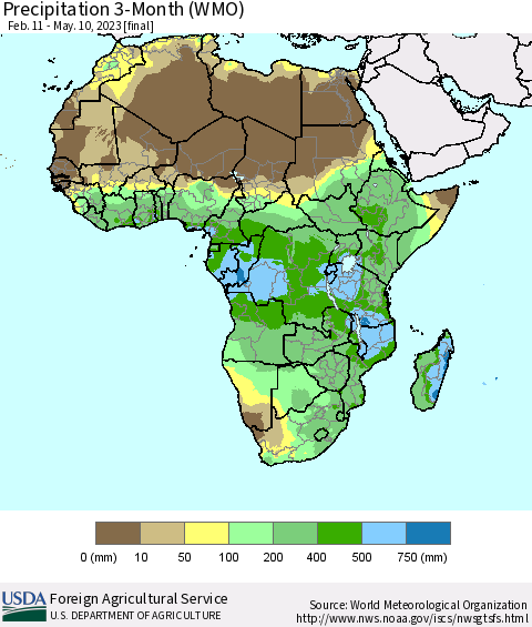Africa Precipitation 3-Month (WMO) Thematic Map For 2/11/2023 - 5/10/2023