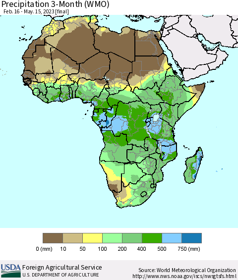 Africa Precipitation 3-Month (WMO) Thematic Map For 2/16/2023 - 5/15/2023