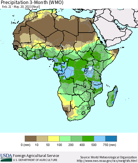 Africa Precipitation 3-Month (WMO) Thematic Map For 2/21/2023 - 5/20/2023