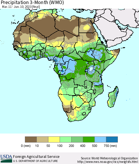 Africa Precipitation 3-Month (WMO) Thematic Map For 3/11/2023 - 6/10/2023