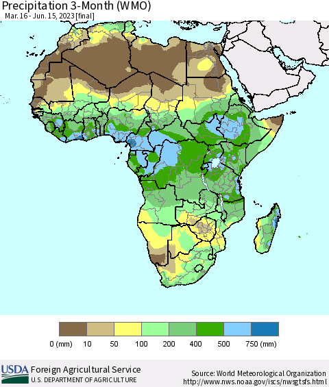 Africa Precipitation 3-Month (WMO) Thematic Map For 3/16/2023 - 6/15/2023