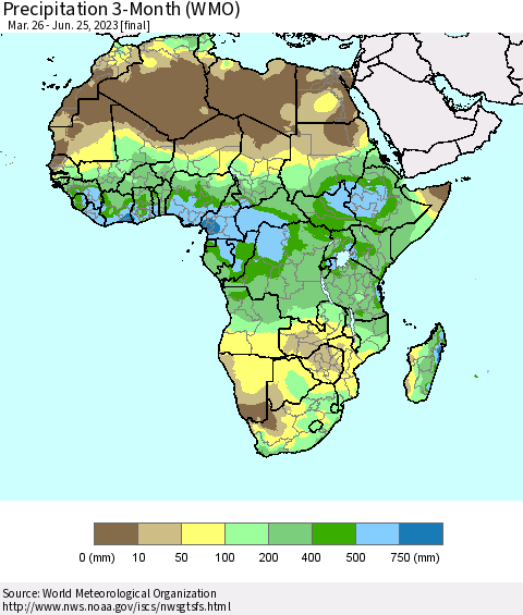 Africa Precipitation 3-Month (WMO) Thematic Map For 3/26/2023 - 6/25/2023