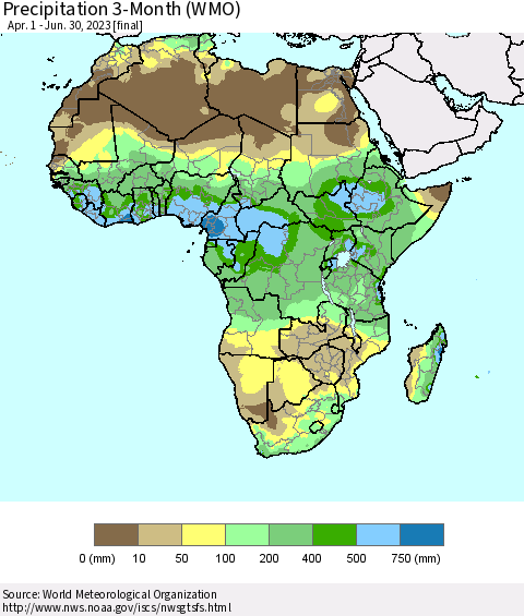 Africa Precipitation 3-Month (WMO) Thematic Map For 4/1/2023 - 6/30/2023