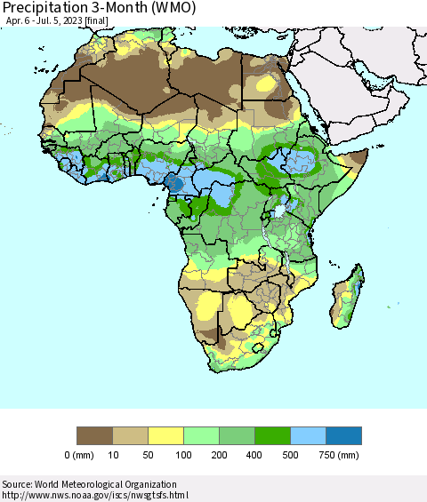 Africa Precipitation 3-Month (WMO) Thematic Map For 4/6/2023 - 7/5/2023
