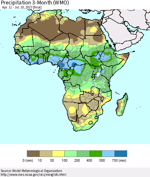 Africa Precipitation 3-Month (WMO) Thematic Map For 4/11/2023 - 7/10/2023