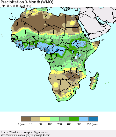 Africa Precipitation 3-Month (WMO) Thematic Map For 4/16/2023 - 7/15/2023