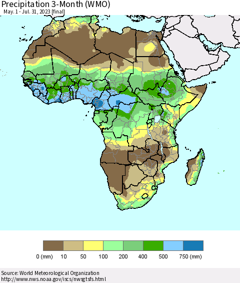 Africa Precipitation 3-Month (WMO) Thematic Map For 5/1/2023 - 7/31/2023