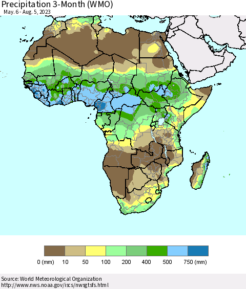 Africa Precipitation 3-Month (WMO) Thematic Map For 5/6/2023 - 8/5/2023
