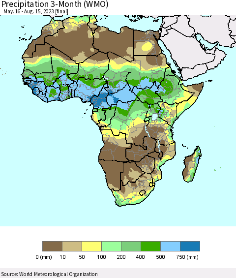 Africa Precipitation 3-Month (WMO) Thematic Map For 5/16/2023 - 8/15/2023