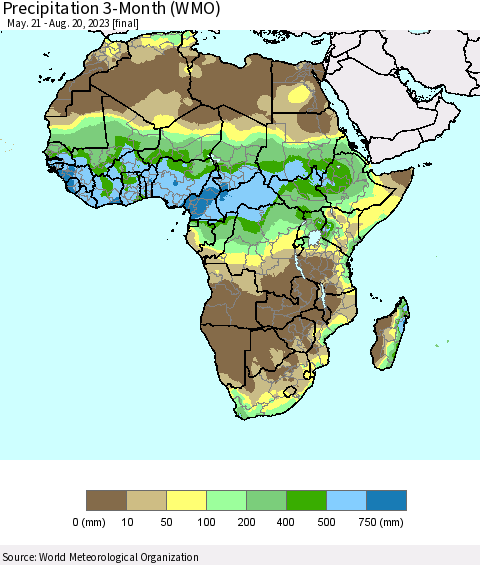 Africa Precipitation 3-Month (WMO) Thematic Map For 5/21/2023 - 8/20/2023