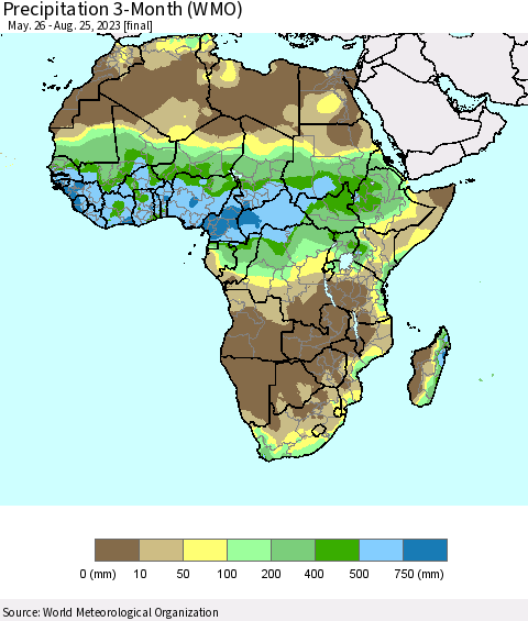 Africa Precipitation 3-Month (WMO) Thematic Map For 5/26/2023 - 8/25/2023