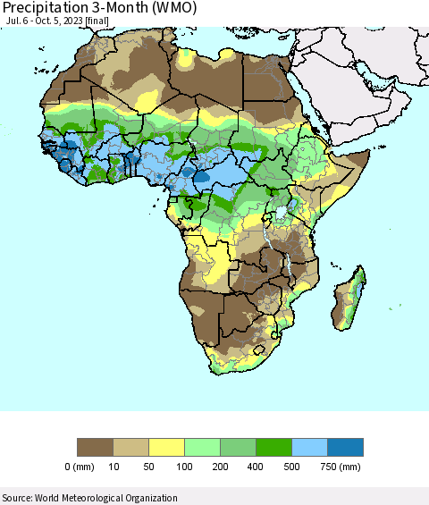 Africa Precipitation 3-Month (WMO) Thematic Map For 7/6/2023 - 10/5/2023