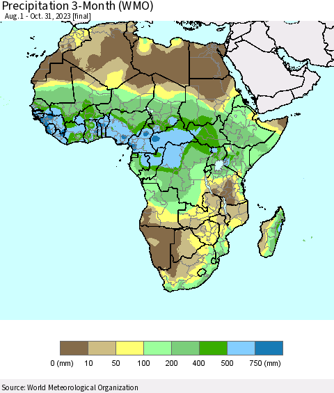 Africa Precipitation 3-Month (WMO) Thematic Map For 8/1/2023 - 10/31/2023