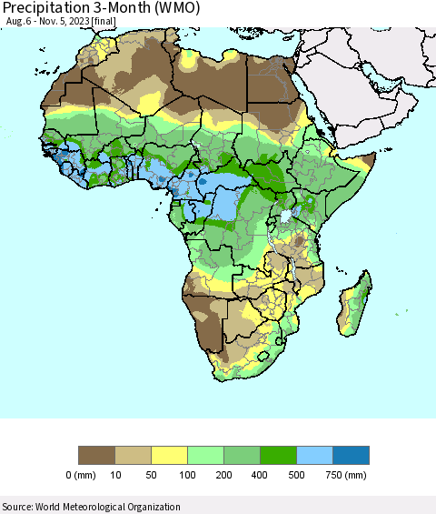 Africa Precipitation 3-Month (WMO) Thematic Map For 8/6/2023 - 11/5/2023