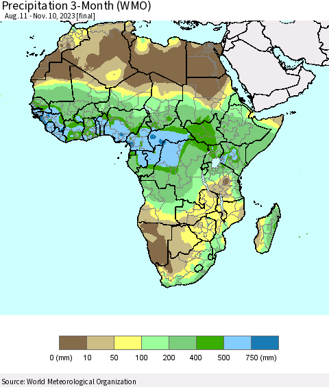 Africa Precipitation 3-Month (WMO) Thematic Map For 8/11/2023 - 11/10/2023