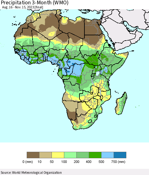 Africa Precipitation 3-Month (WMO) Thematic Map For 8/16/2023 - 11/15/2023