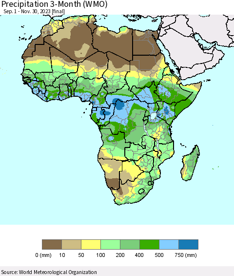 Africa Precipitation 3-Month (WMO) Thematic Map For 9/1/2023 - 11/30/2023