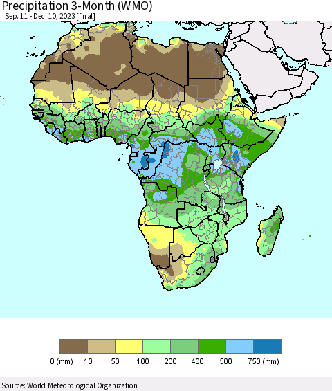 Africa Precipitation 3-Month (WMO) Thematic Map For 9/11/2023 - 12/10/2023