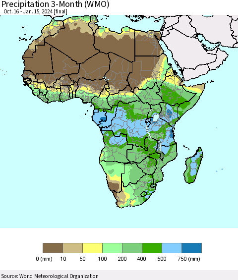 Africa Precipitation 3-Month (WMO) Thematic Map For 10/16/2023 - 1/15/2024