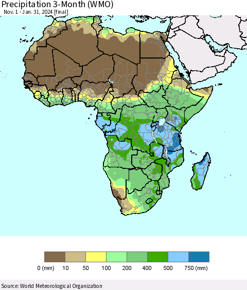 Africa Precipitation 3-Month (WMO) Thematic Map For 11/1/2023 - 1/31/2024