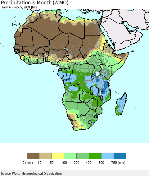 Africa Precipitation 3-Month (WMO) Thematic Map For 11/6/2023 - 2/5/2024