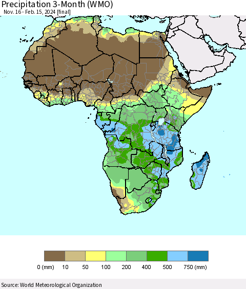 Africa Precipitation 3-Month (WMO) Thematic Map For 11/16/2023 - 2/15/2024