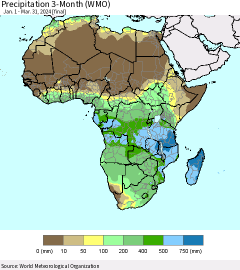 Africa Precipitation 3-Month (WMO) Thematic Map For 1/1/2024 - 3/31/2024