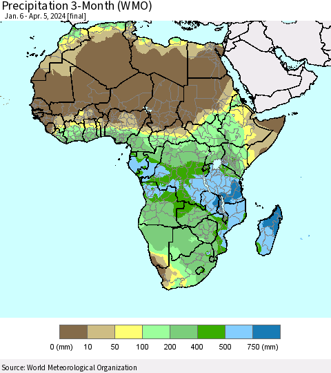 Africa Precipitation 3-Month (WMO) Thematic Map For 1/6/2024 - 4/5/2024
