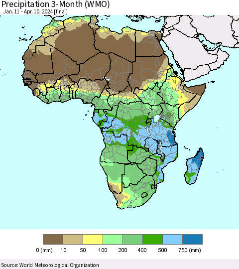 Africa Precipitation 3-Month (WMO) Thematic Map For 1/11/2024 - 4/10/2024