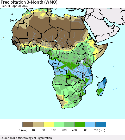 Africa Precipitation 3-Month (WMO) Thematic Map For 1/21/2024 - 4/20/2024