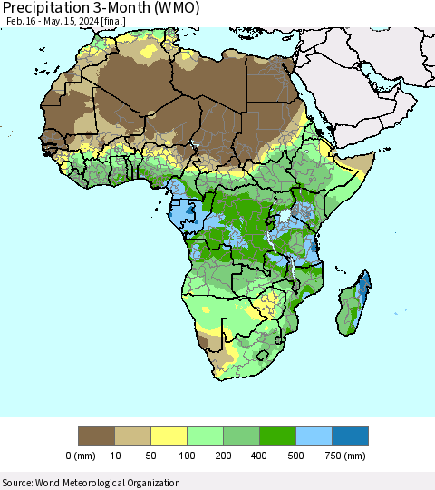 Africa Precipitation 3-Month (WMO) Thematic Map For 2/16/2024 - 5/15/2024